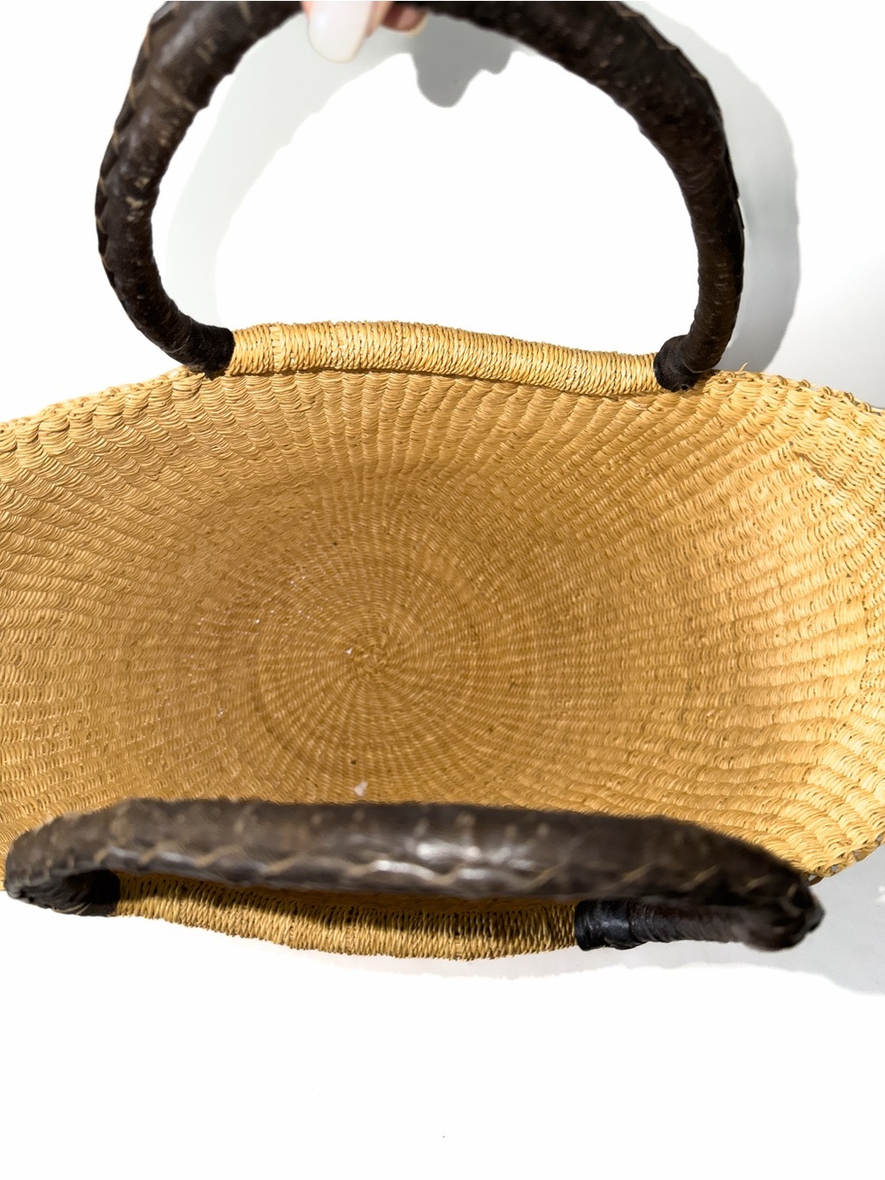 Woven Large Straw Tote Bag with Dark Brown Leather Bound Handles - Picture 5 of 9